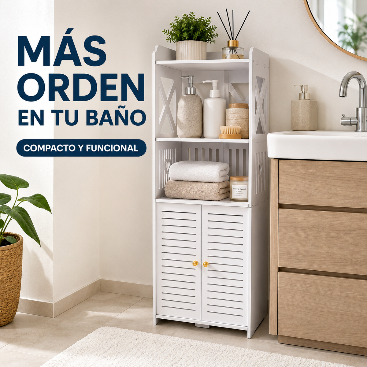 🧺 Organizador Multiusos en Madera PVC 🚪 Puertas y estantes | 💧 Resistente a la humedad | ✨ Fácil de limpiar | 📏 Compacto y funcional TT