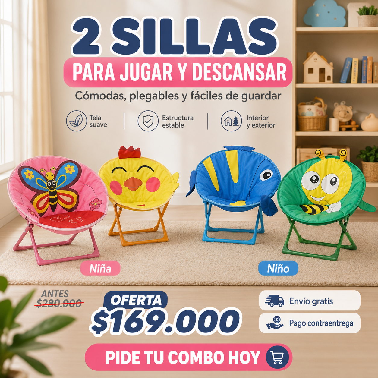 Combo x2 Sillas Plegables Infantiles con Diseños Animales