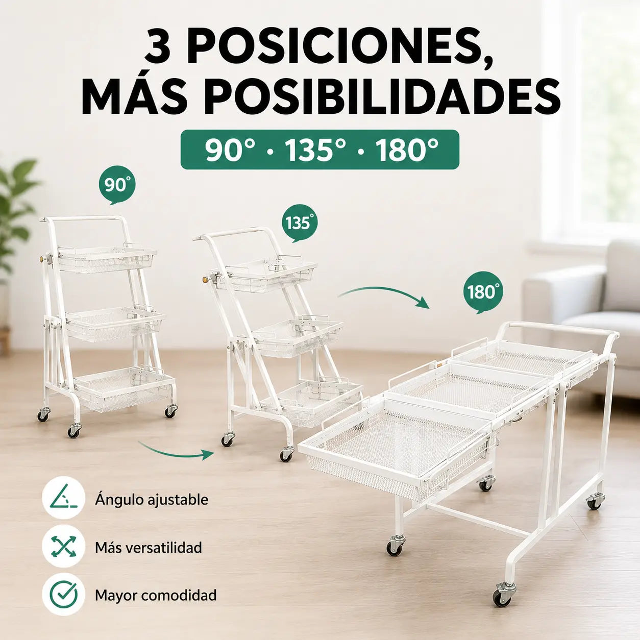 Carrito Organizador Móvil 3 Niveles Ajustable 180° con Ruedas