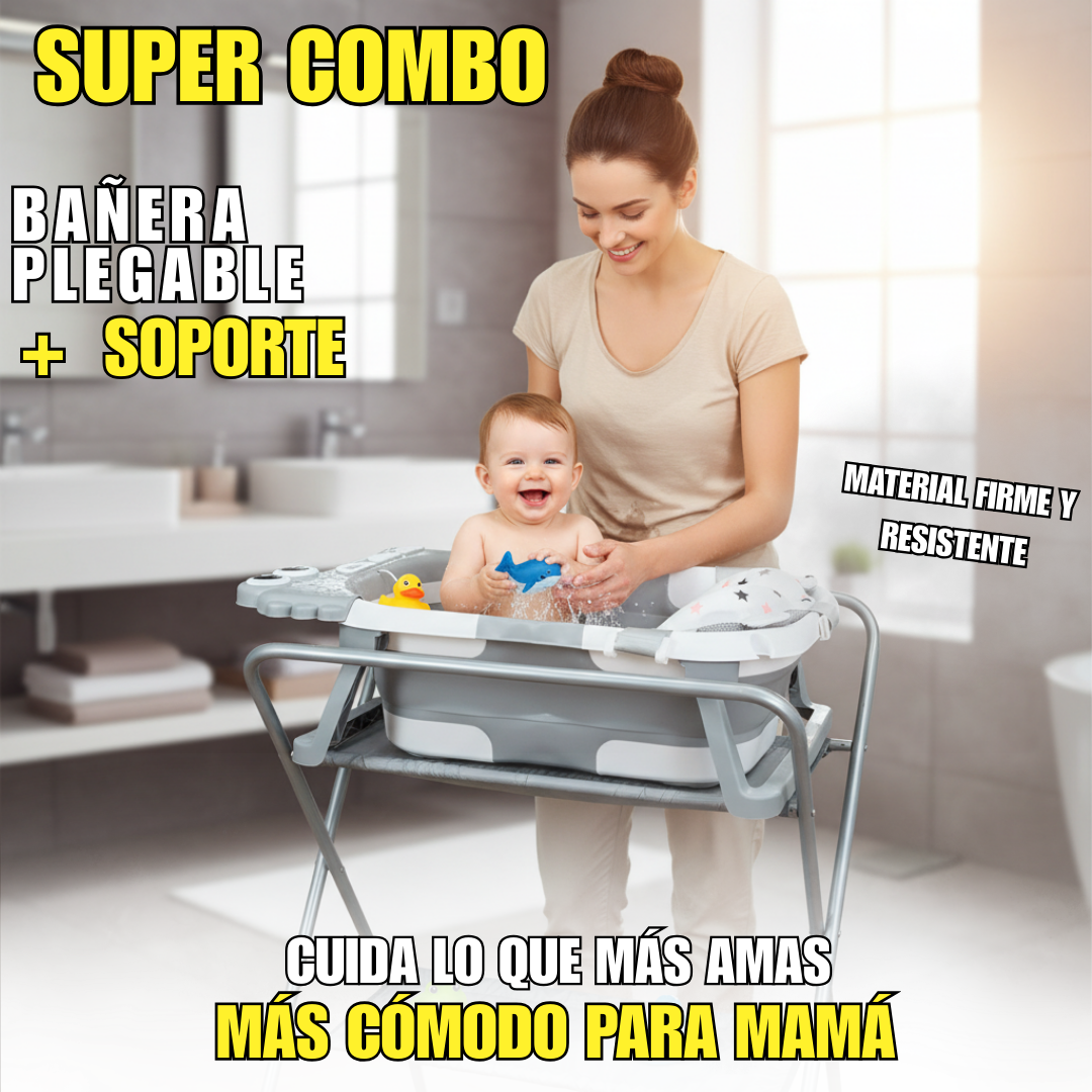 Bañera Plegable con Soporte Alto, Cojín Acolchado y termómetro
