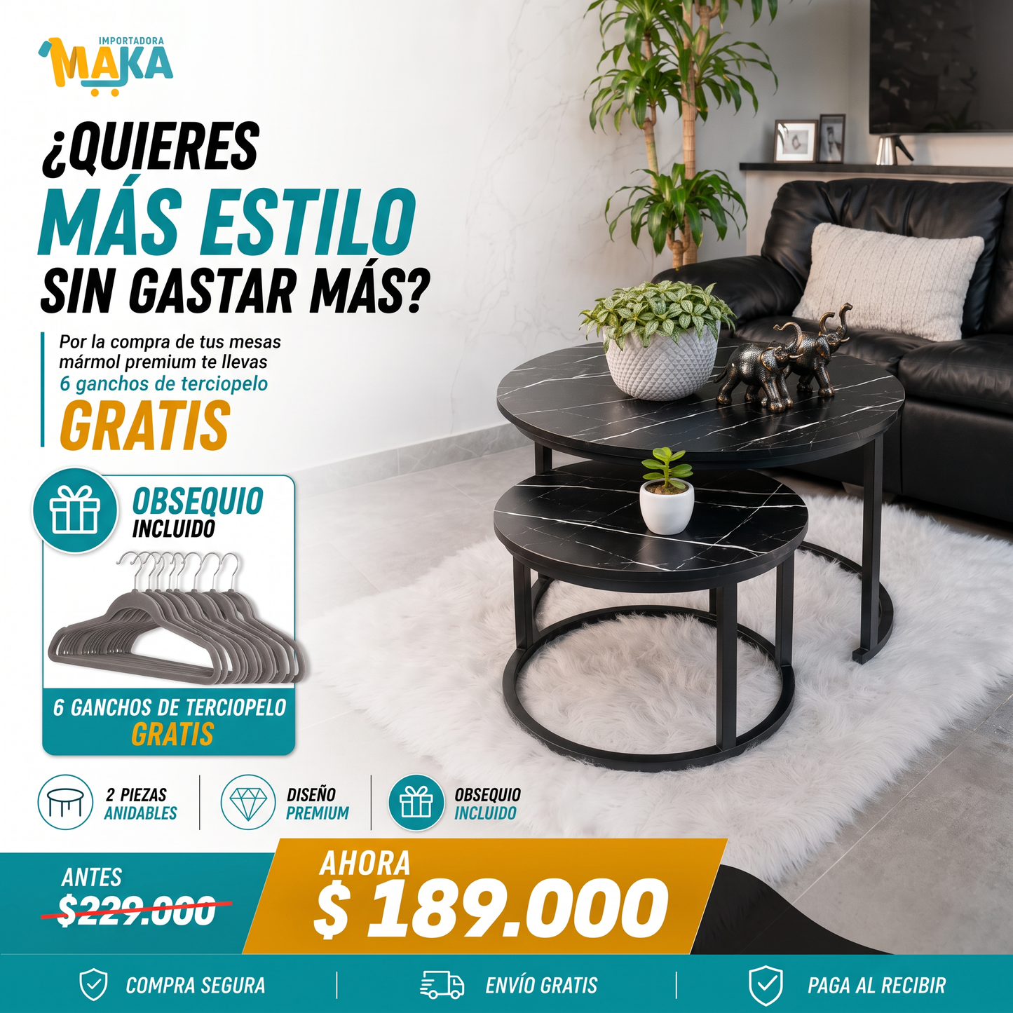 🔥 Mesas de Centro Mármol Premium 2x1 + 6 Ganchos de Terciopelo Gratis 🎁