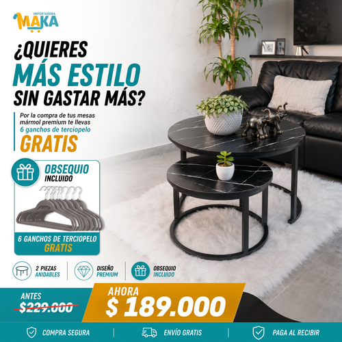 🔥 Mesas de Centro Mármol Premium 2x1 + 6 Ganchos de Terciopelo Gratis 🎁