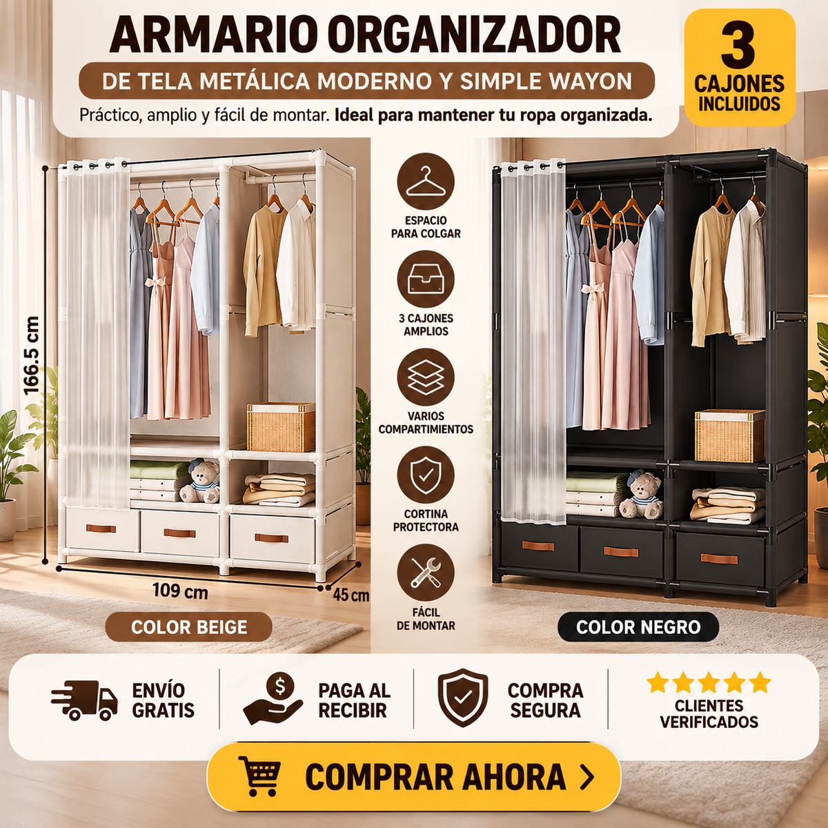 🔥 Armario Organizador Premium Wayon – 3 Cajones, Amplio Espacio, Estructura Reforzada y Fácil Montaje