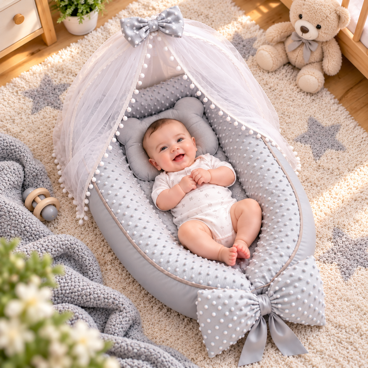 👶💗 Nido para Bebé Acolchado con Toldillo Antimosquitos y Almohadita Incluida | Rosado, Gris y Azul TT