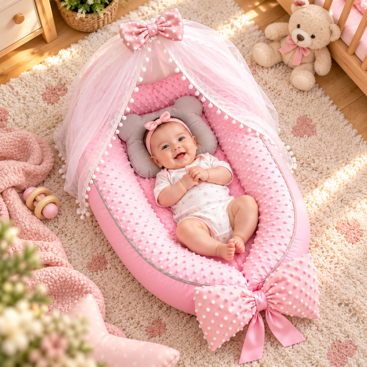 👶💗 Nido para Bebé Acolchado con Toldillo Antimosquitos y Almohadita Incluida | Rosado, Gris y Azul TT