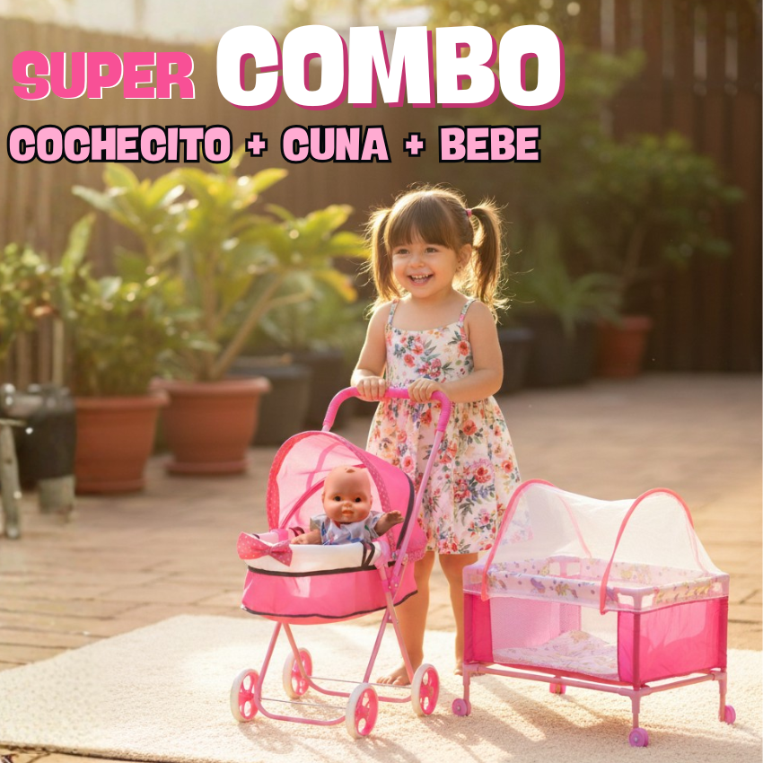 Coche Moisés con Muñeca y Cuna