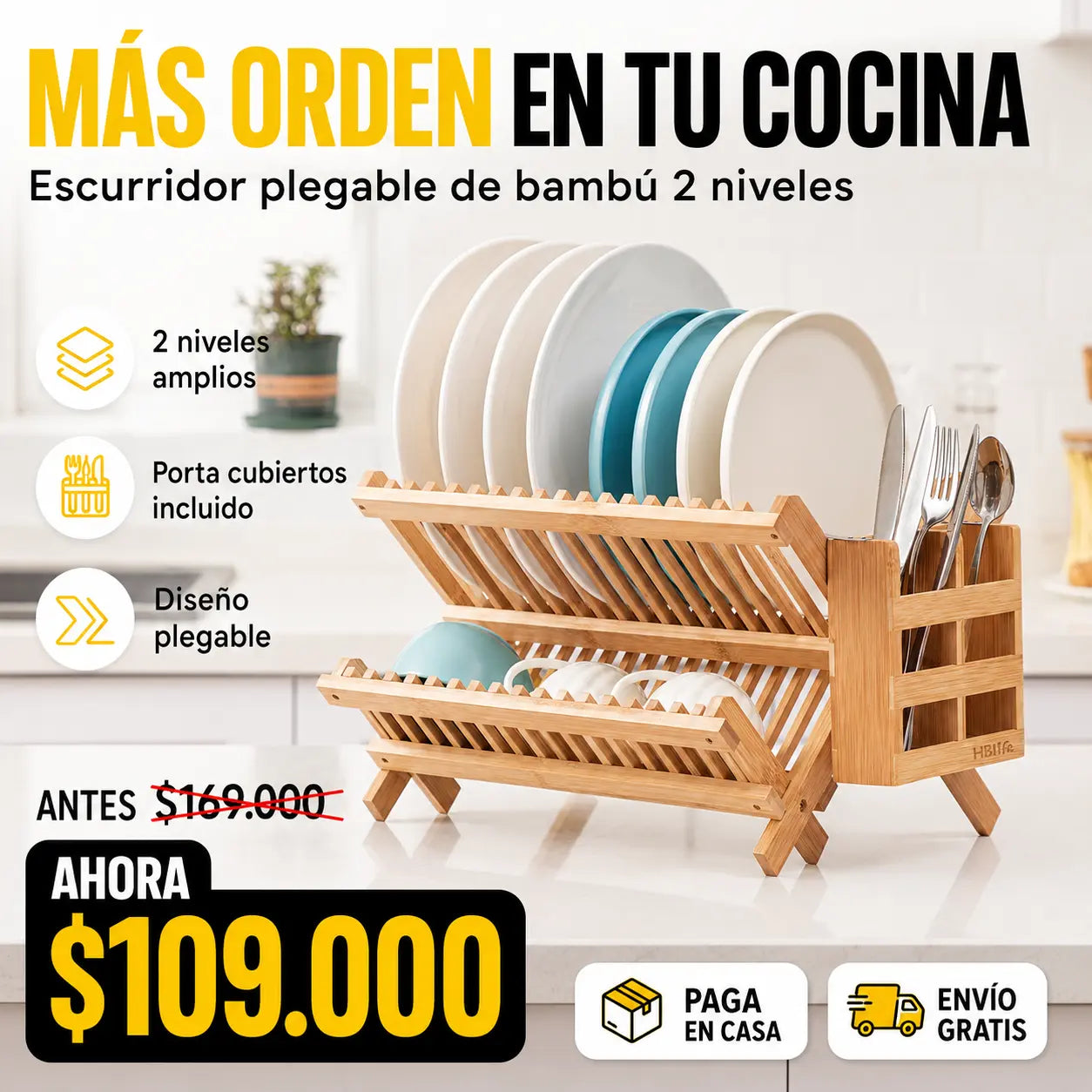 Escurridor Plegable de Bambú 2 Niveles con Porta Utensilios
