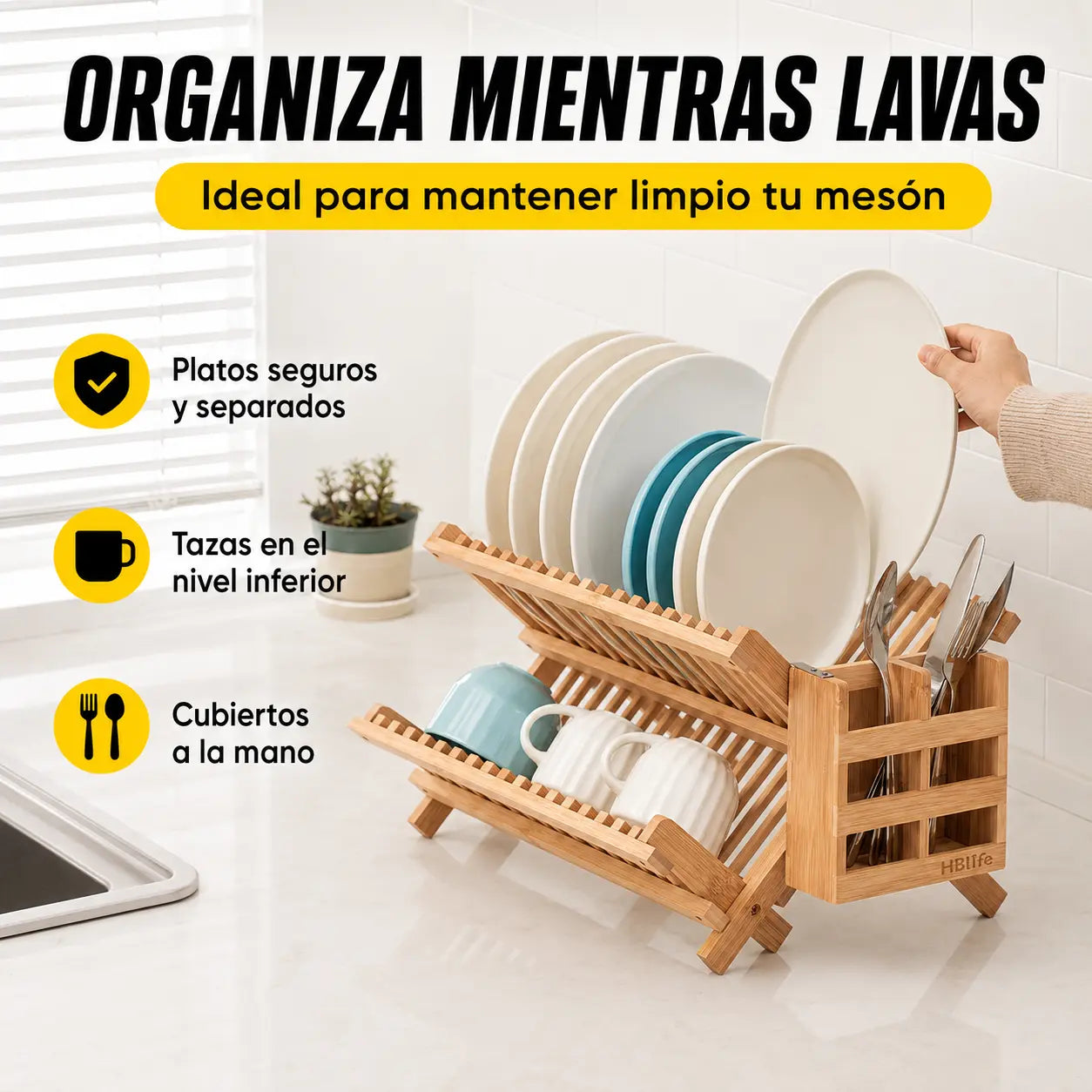 Escurridor Plegable de Bambú 2 Niveles con Porta Utensilios