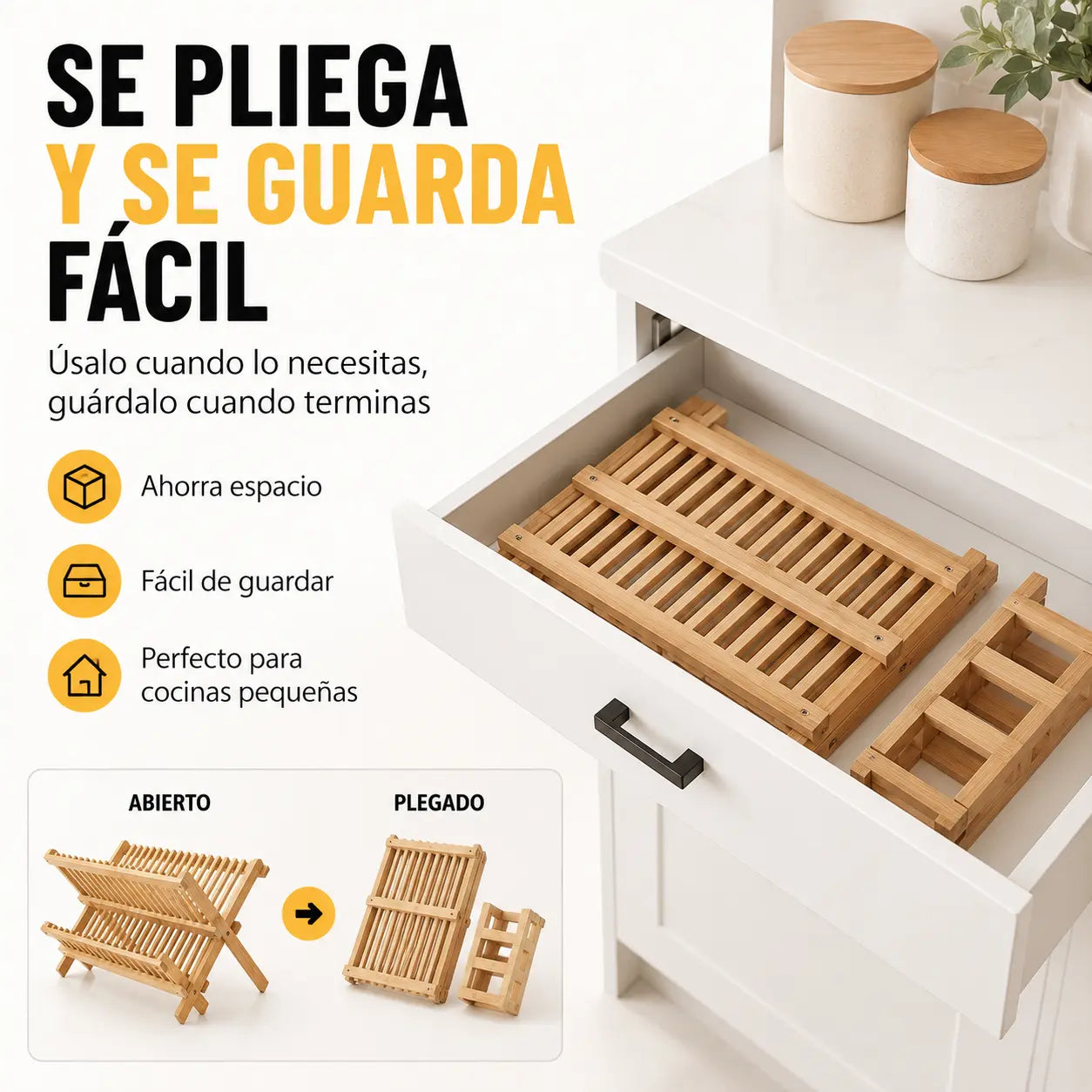 Escurridor Plegable de Bambú 2 Niveles con Porta Utensilios