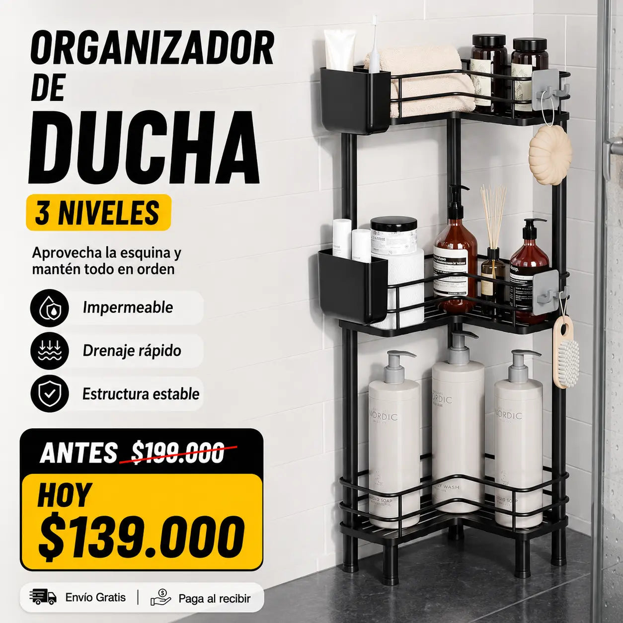 Organizador Esquinero de Ducha 3 Niveles con Drenaje Rápido