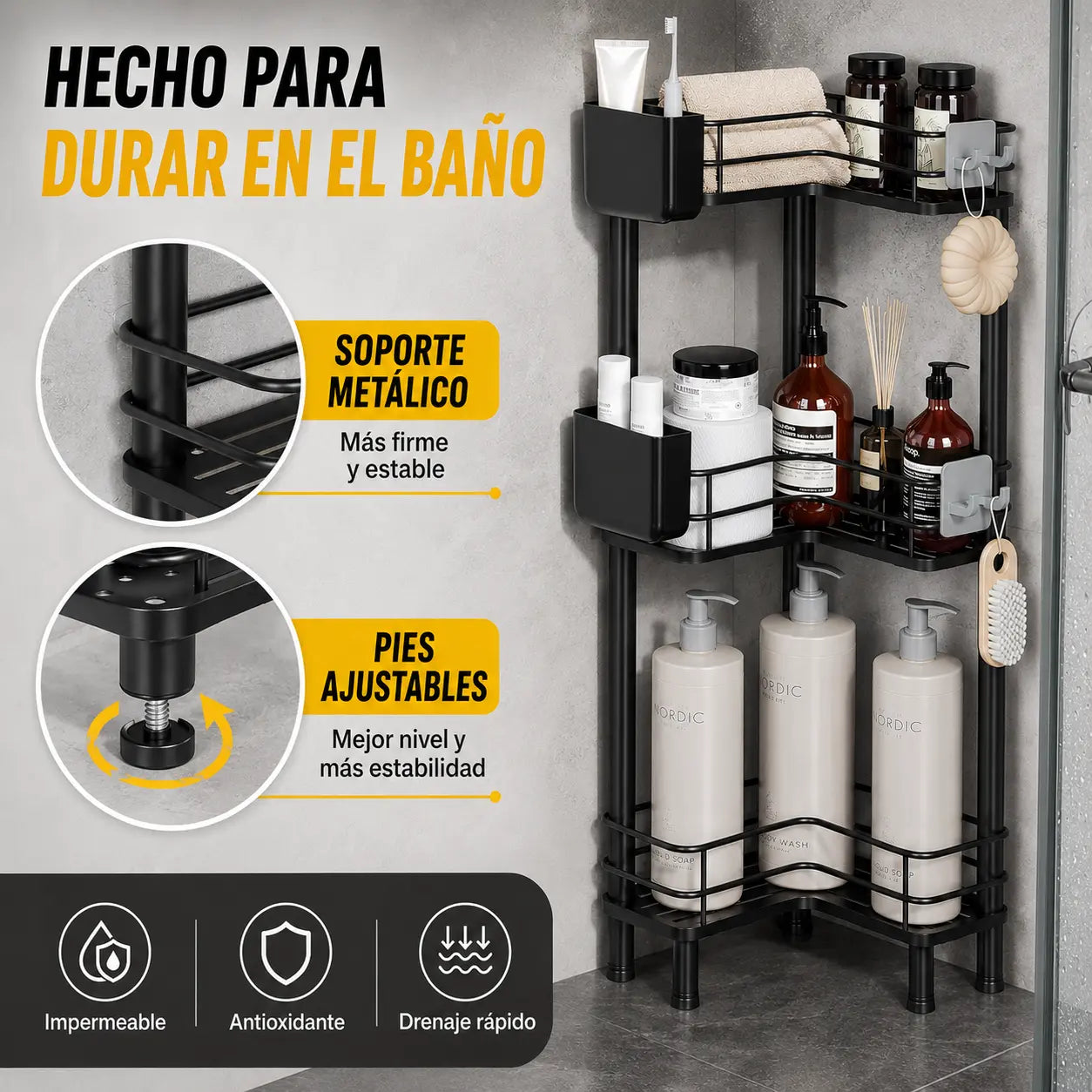 Organizador Esquinero de Ducha 3 Niveles con Drenaje Rápido