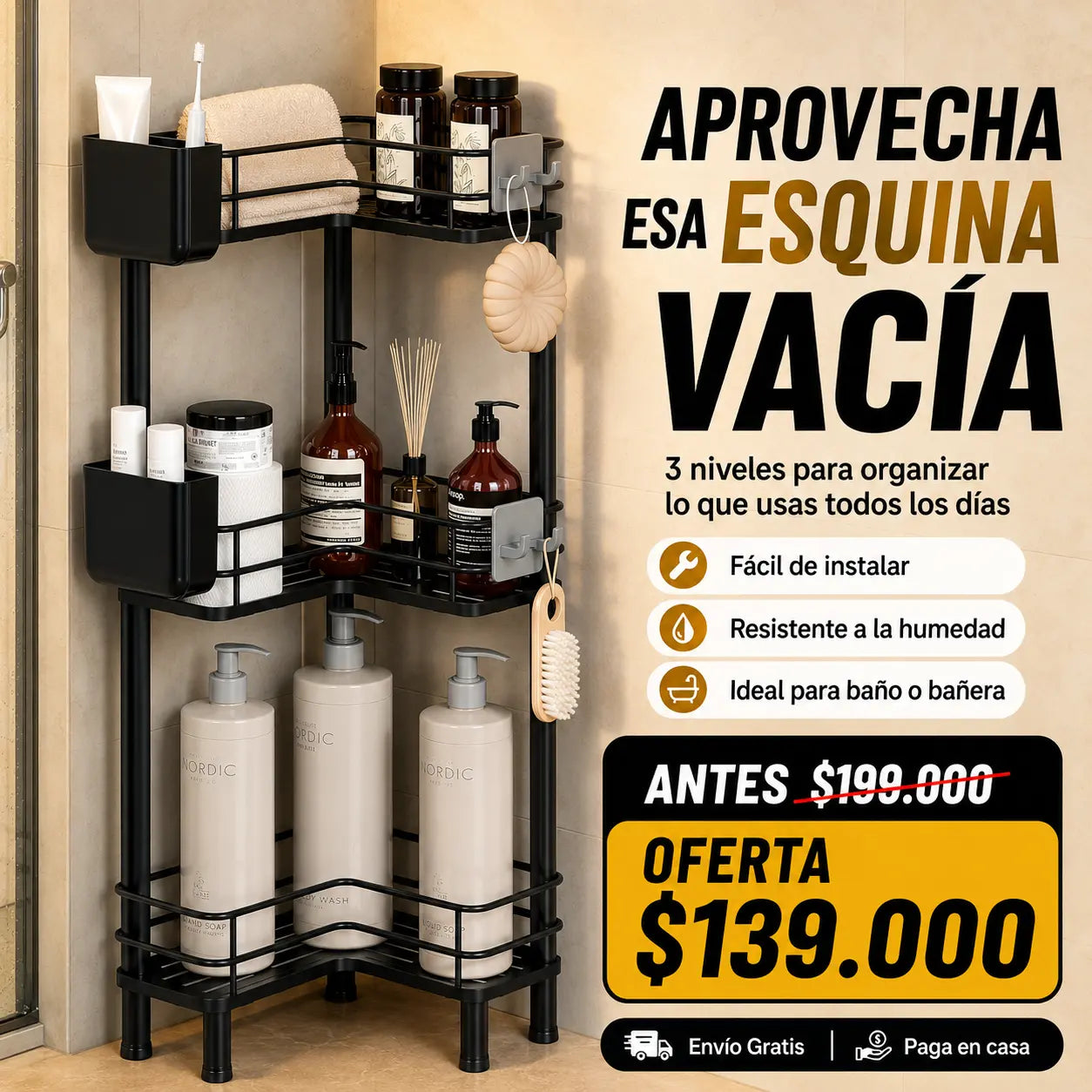 Organizador Esquinero de Ducha 3 Niveles con Drenaje Rápido