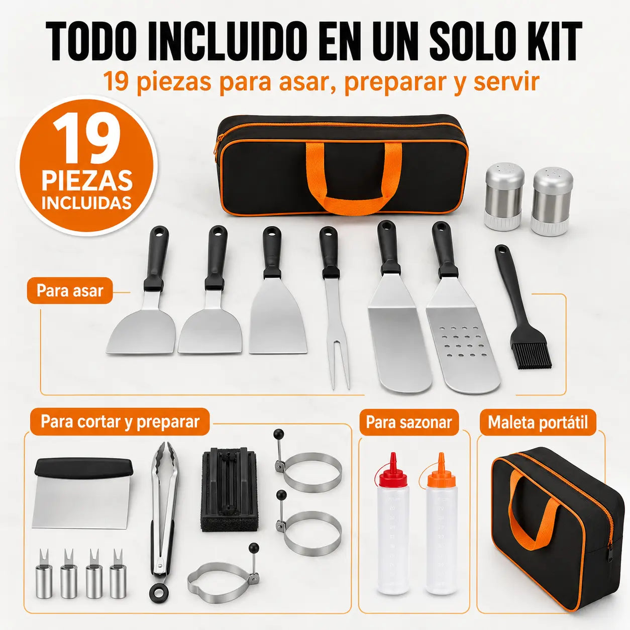 Kit de Accesorios para Parrilla BBQ 19 Piezas Premium con Estuche