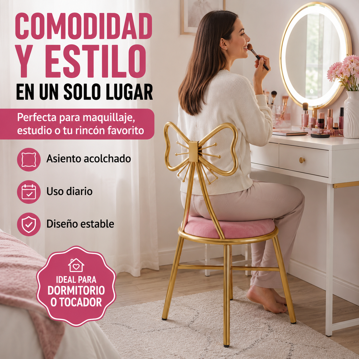Silla Tocador Mariposa Dorada Acolchada Premium TT