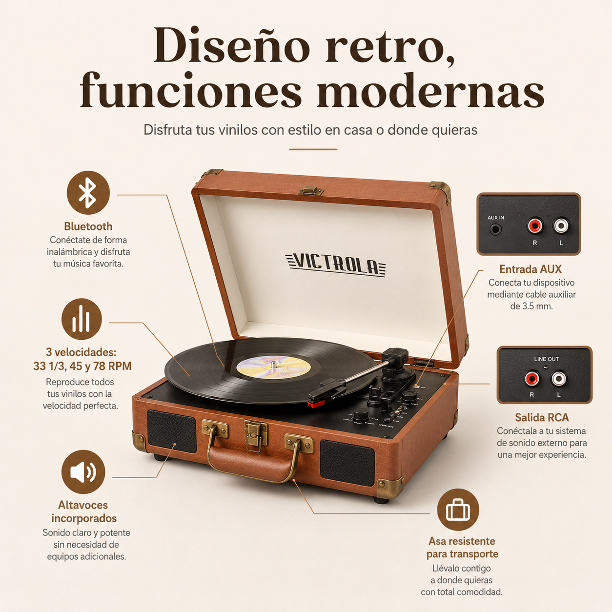 🎵Tocadiscos Vintage RetroSound Bluetooth – Portátil con Altavoces Integrados