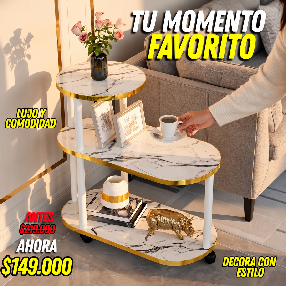 Mesa 3 niveles estilo nordico tipo marmol con ruedas