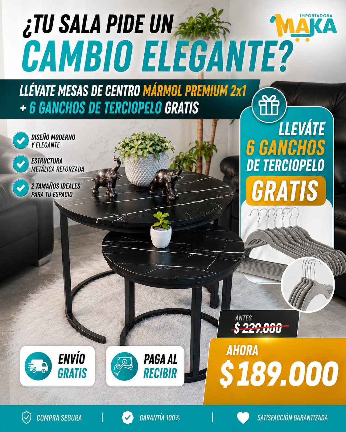🔥 Mesas de Centro Mármol Premium 2x1 + 6 Ganchos de Terciopelo Gratis 🎁