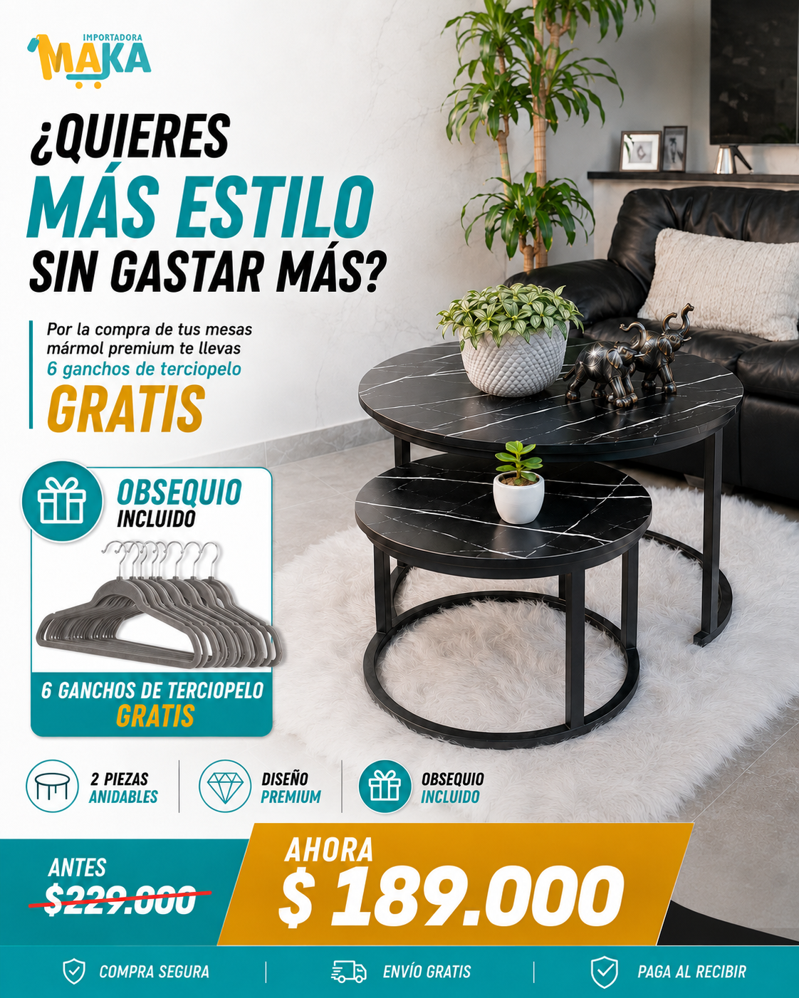 🔥 Mesas de Centro Mármol Premium 2x1 + 6 Ganchos de Terciopelo Gratis 🎁