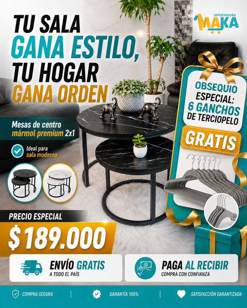 🔥 Mesas de Centro Mármol Premium 2x1 + 6 Ganchos de Terciopelo Gratis 🎁