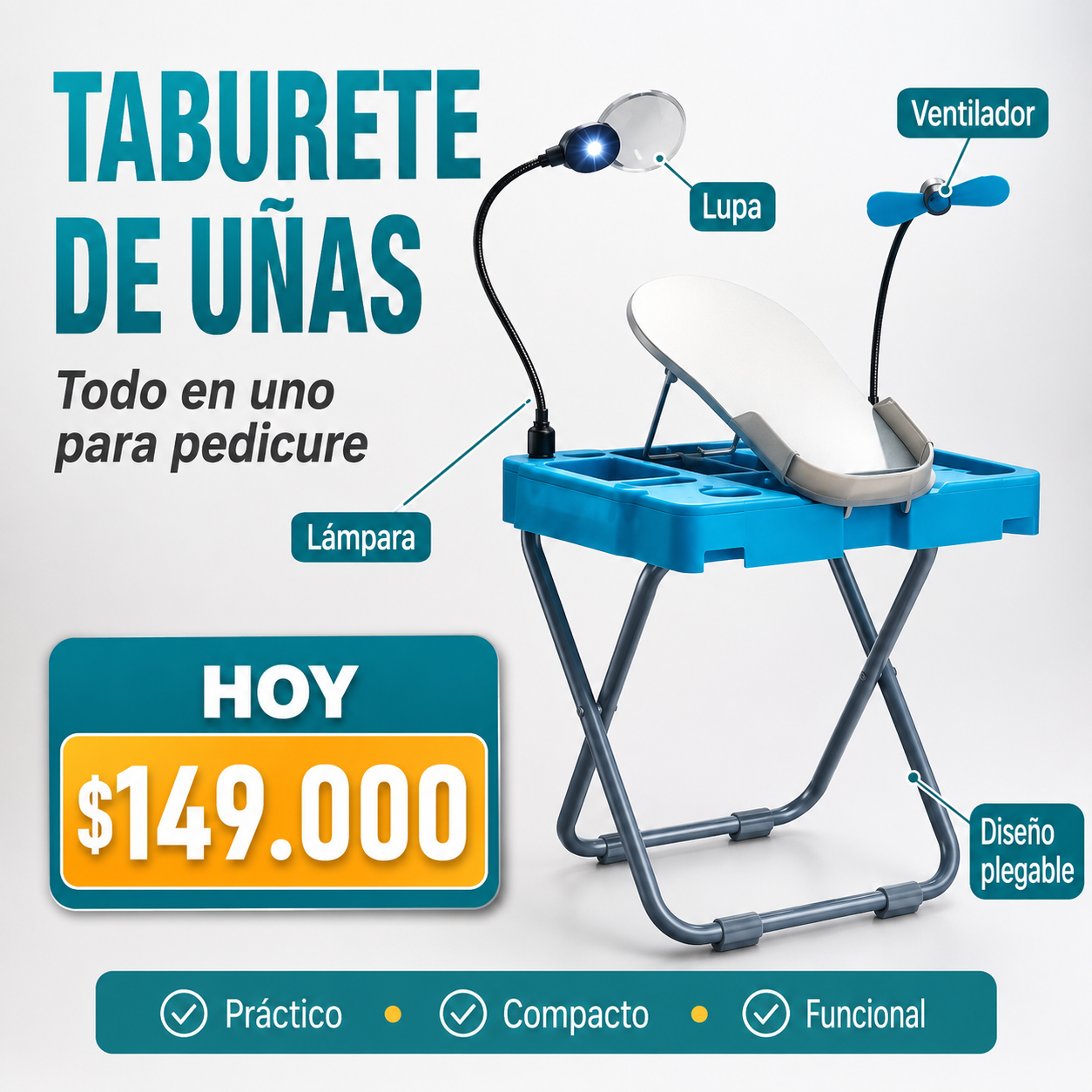 💅 Estación Plegable de Uñas 4 en 1: Pedicure, Lámpara, Lupa y Ventilador ✨