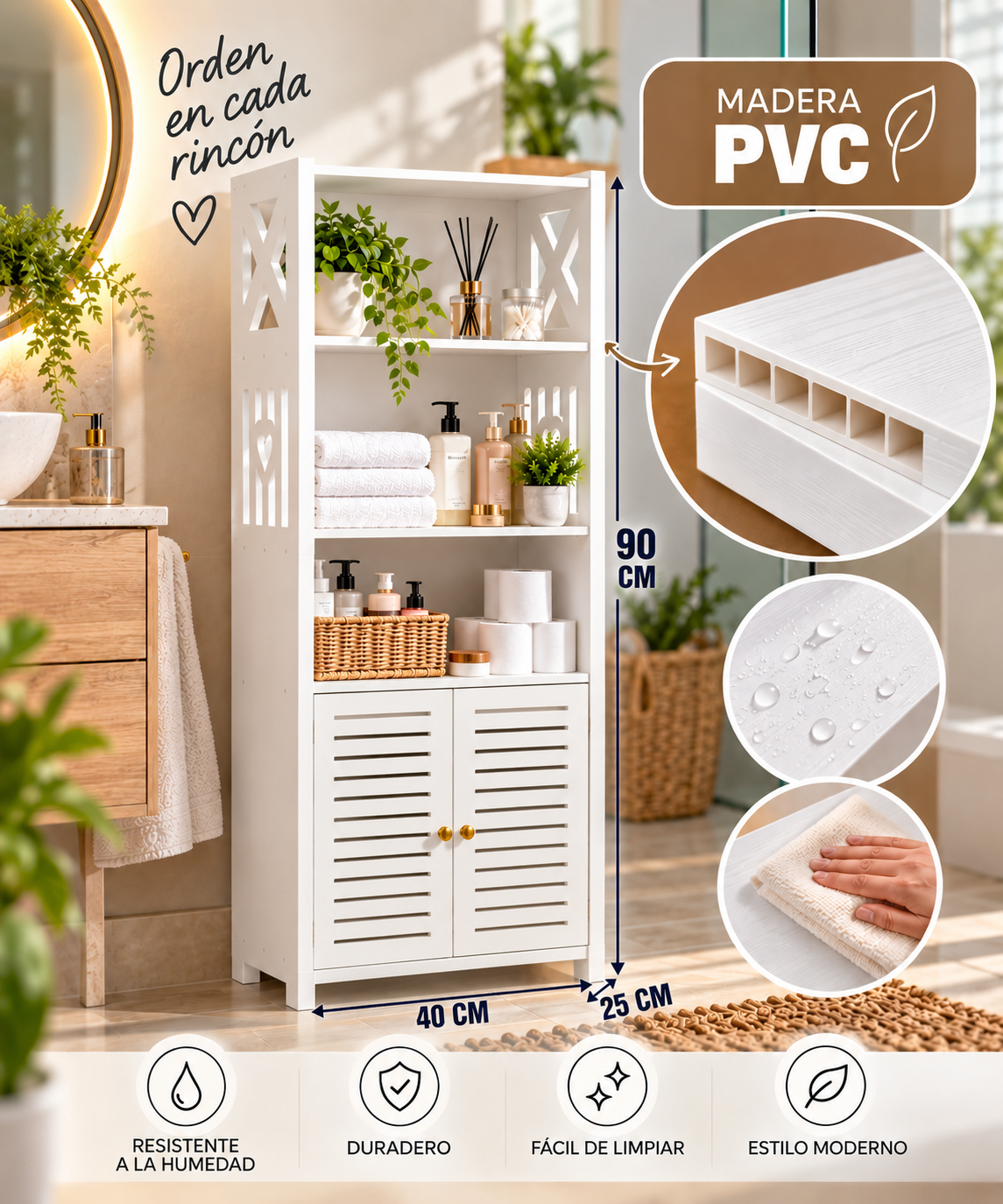 🧺 Organizador Multiusos en Madera PVC 🚪 Puertas y estantes | 💧 Resistente a la humedad | ✨ Fácil de limpiar | 📏 Compacto y funcional TT