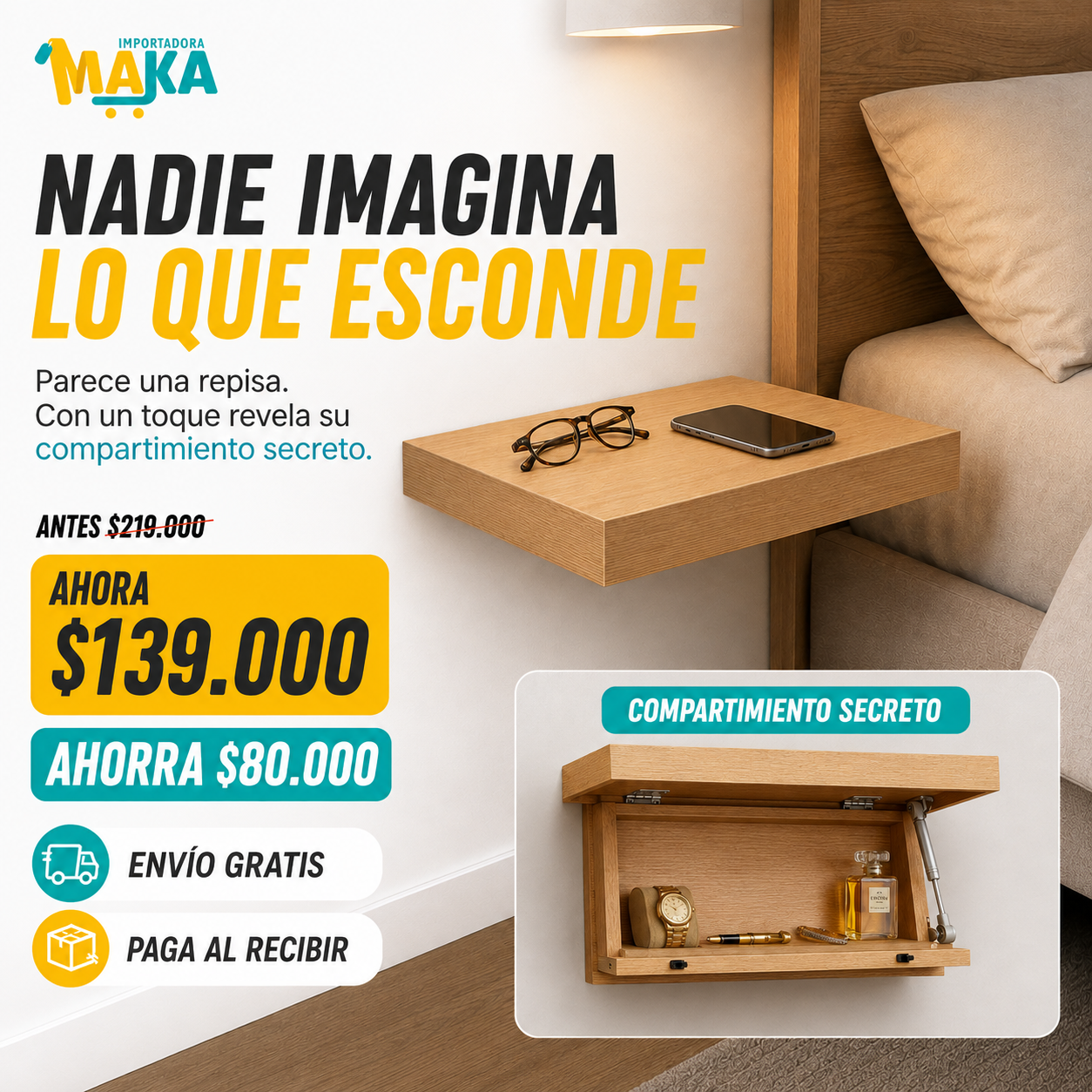 Repisa Café Decorativa de Madera Con Cajón Oculto