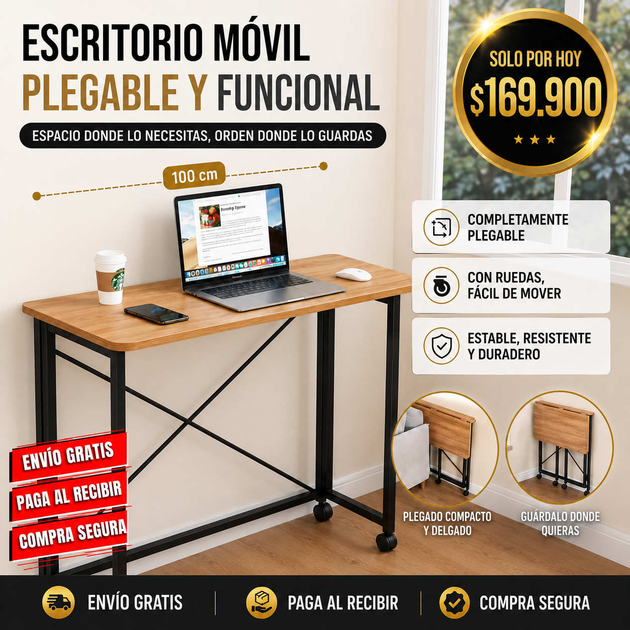 Escritorio Móvil Plegable Madera & Metal PREMIUM TT