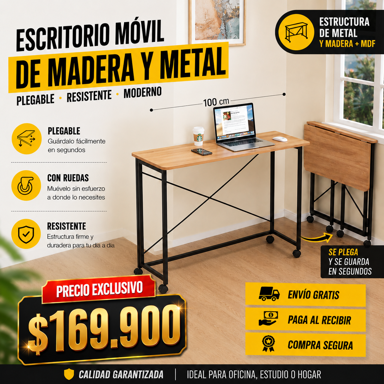 Escritorio Móvil Plegable Madera & Metal PREMIUM TT