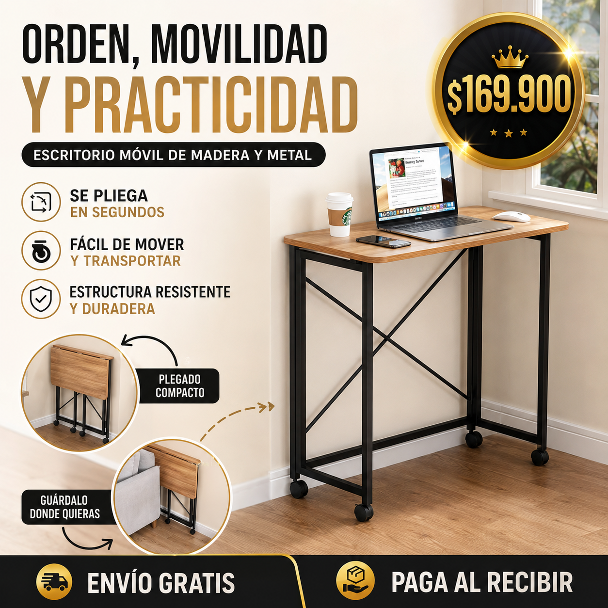 Escritorio Móvil Plegable Madera & Metal PREMIUM TT