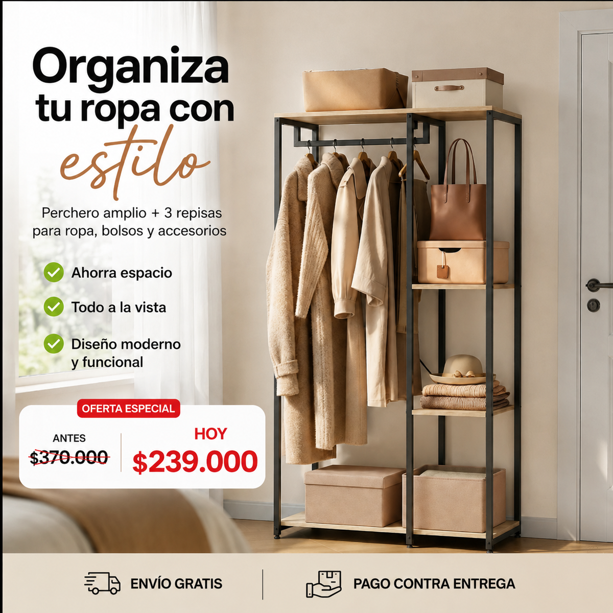 Clóset Organizador Abierto Premium con Perchero y 3 Repisas 167cm X 90cm