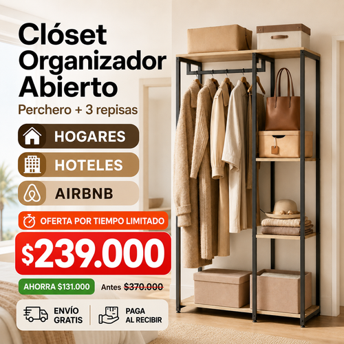 Clóset Organizador Abierto Premium con Perchero y 3 Repisas 167cm X 90cm