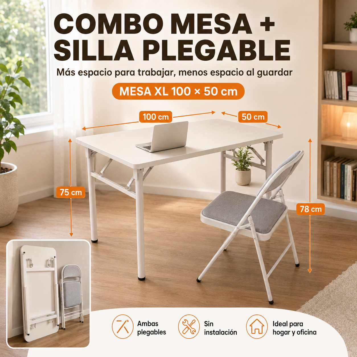 📏 Combo Mesa Plegable XL 100 × 50 cm + Silla Plegable de 78 cm 🪑