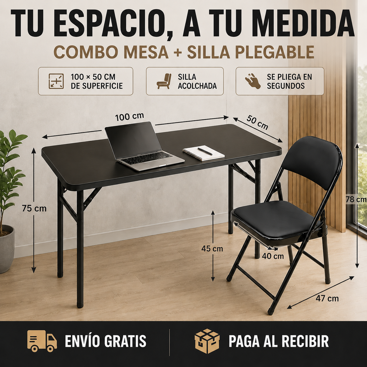 📏 Combo Mesa Plegable XL 100 × 50 cm + Silla Plegable de 78 cm 🪑