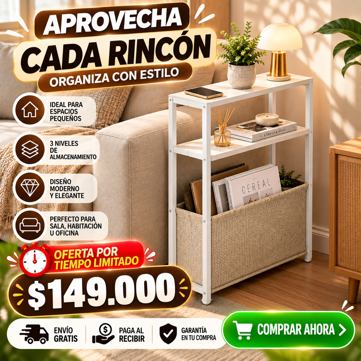Moderno Estante de Almacenamiento de Pie con Borde Estrecho, Tres Niveles,
