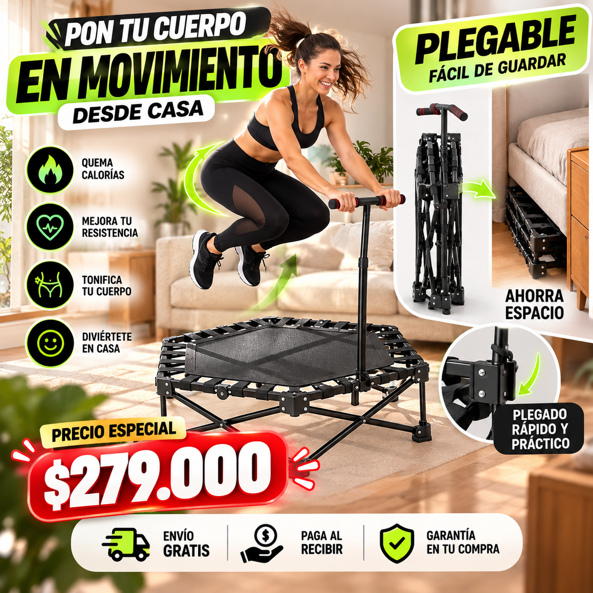 🔥 Trampolín Fitness Plegable Pro 200 KG – Cardio y Entrenamiento en Casa