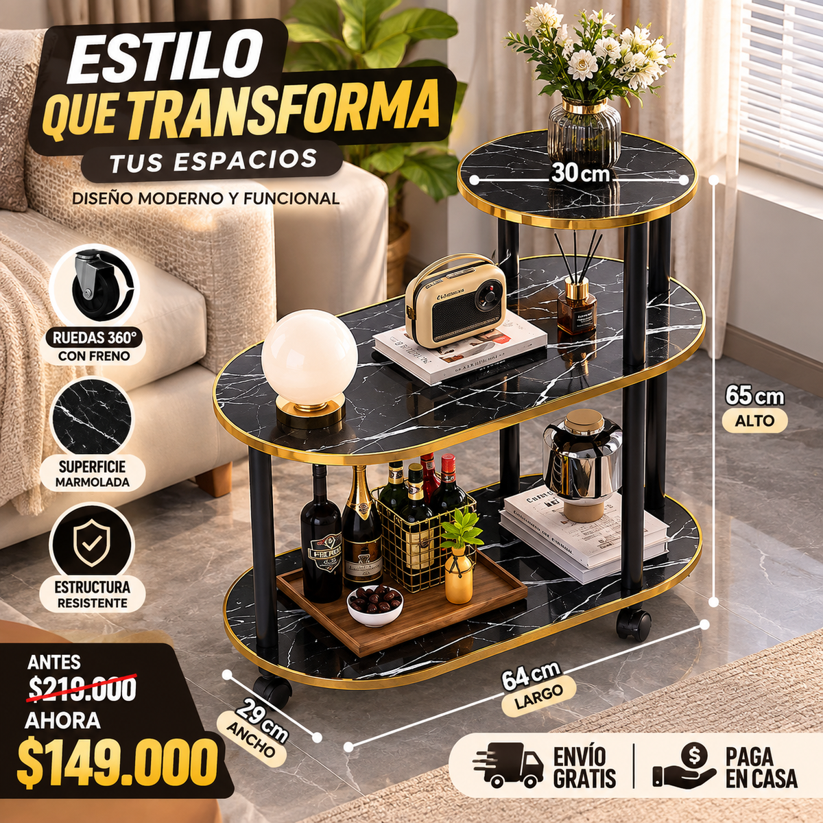 Mesa 3 niveles estilo nordico tipo marmol con ruedas