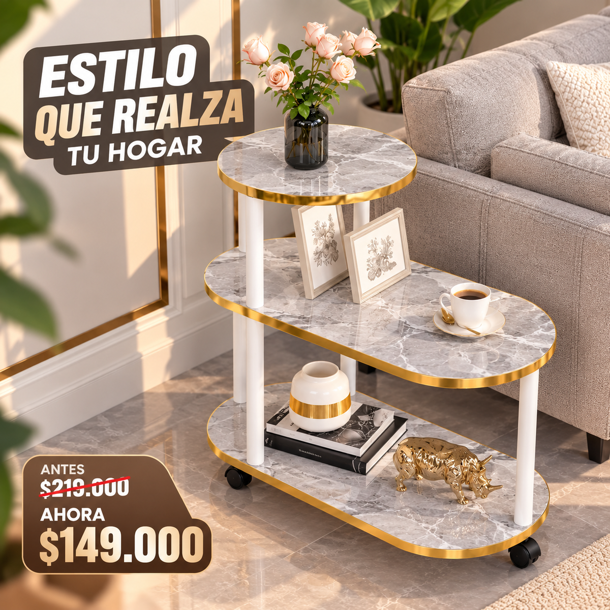 Mesa 3 niveles estilo nordico tipo marmol con ruedas