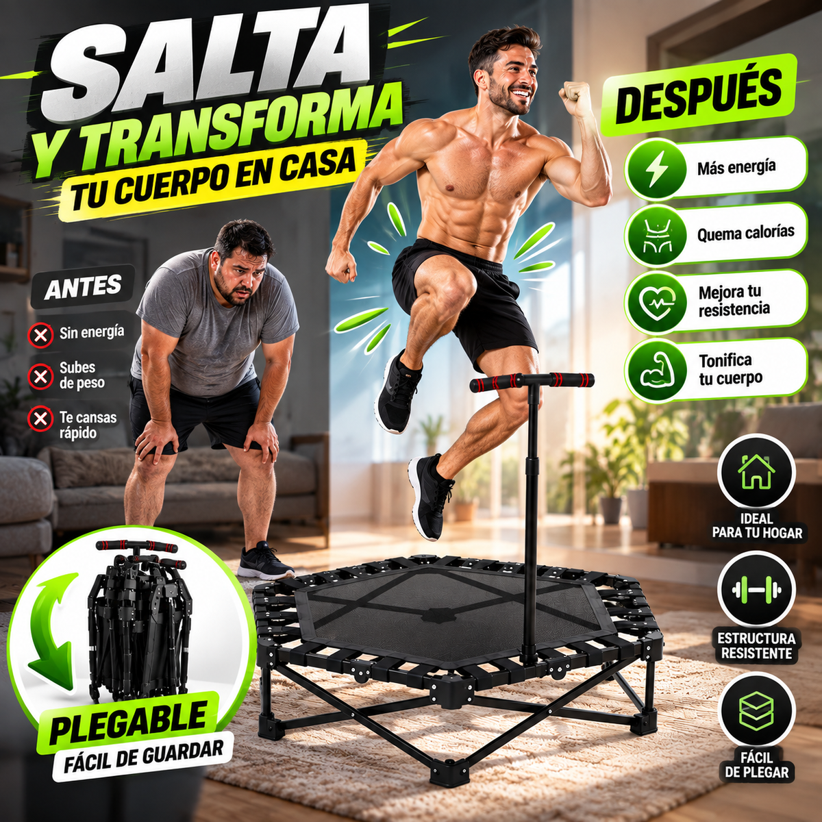 🔥 Trampolín Fitness Plegable Pro 200 KG – Cardio y Entrenamiento en Casa