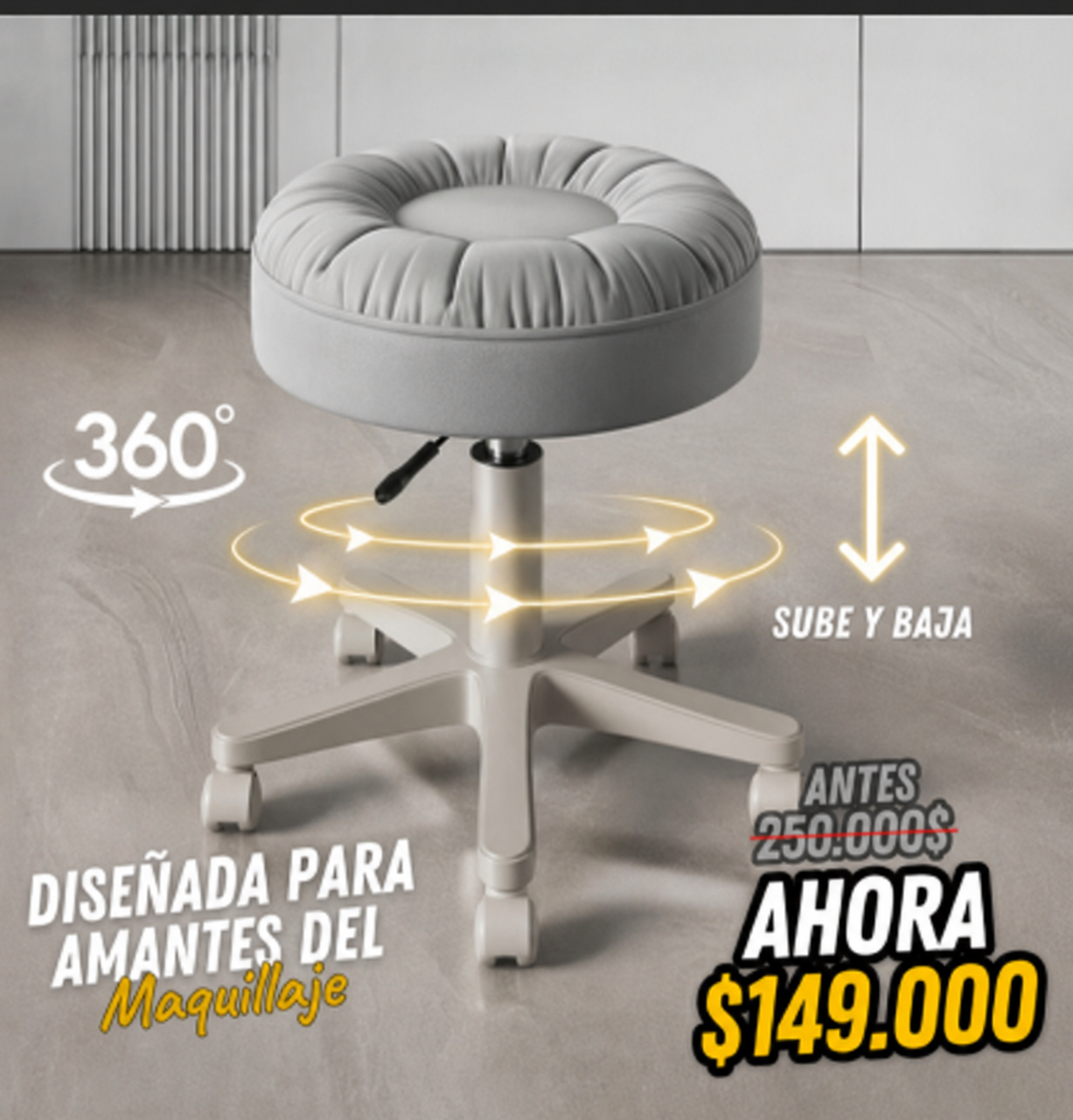 Taburete Profesional Acolchado 360° con Ruedas y Altura Ajustable