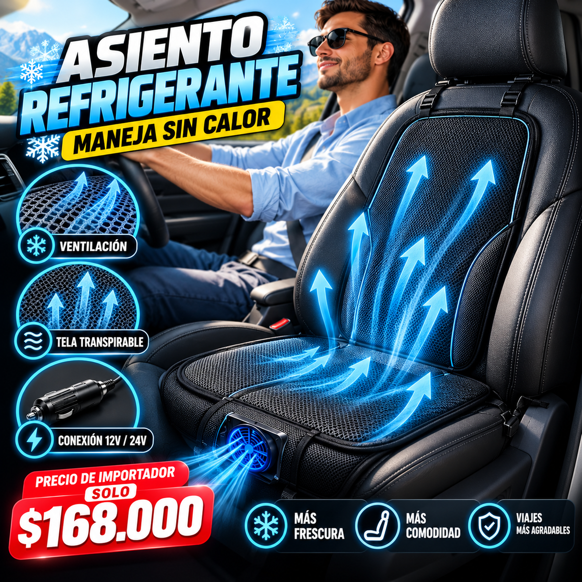 Cojín de Asiento de Coche Refrigerante de 12V/24V con Ventilador Incorporado