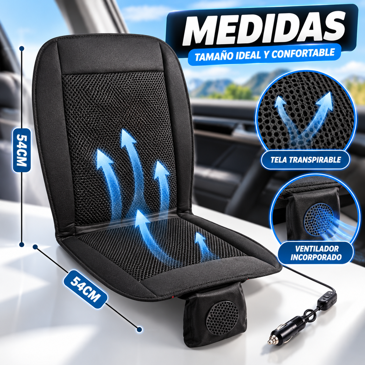 Cojín de Asiento de Coche Refrigerante de 12V/24V con Ventilador Incorporado