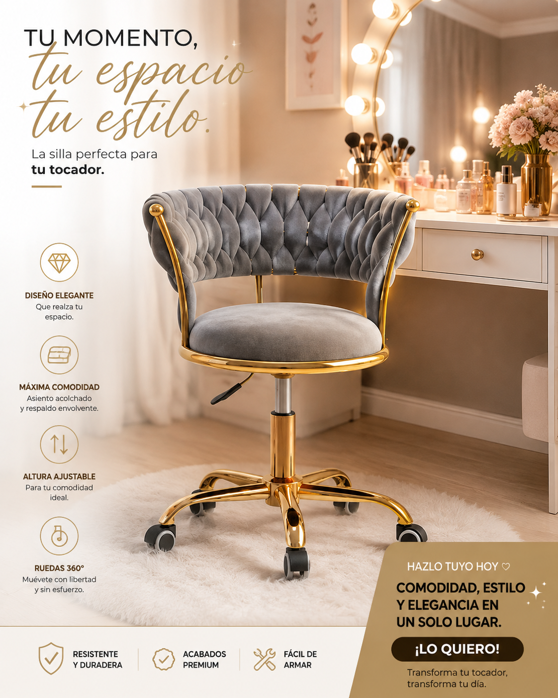 Silla Profesional de Estética Premium 360° con Altura Ajustable y Ruedas TT