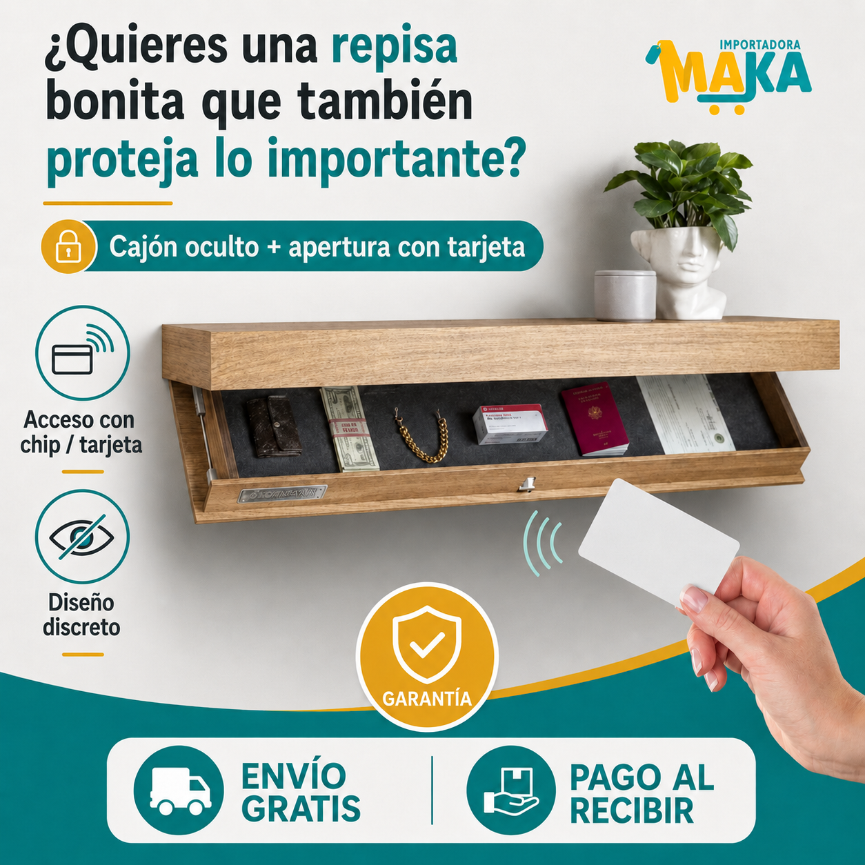 Repisa Flotante Antirrobo con Cajón Oculto y Sistema Electrónico con Tarjeta (50cm X 25cm X8cm)