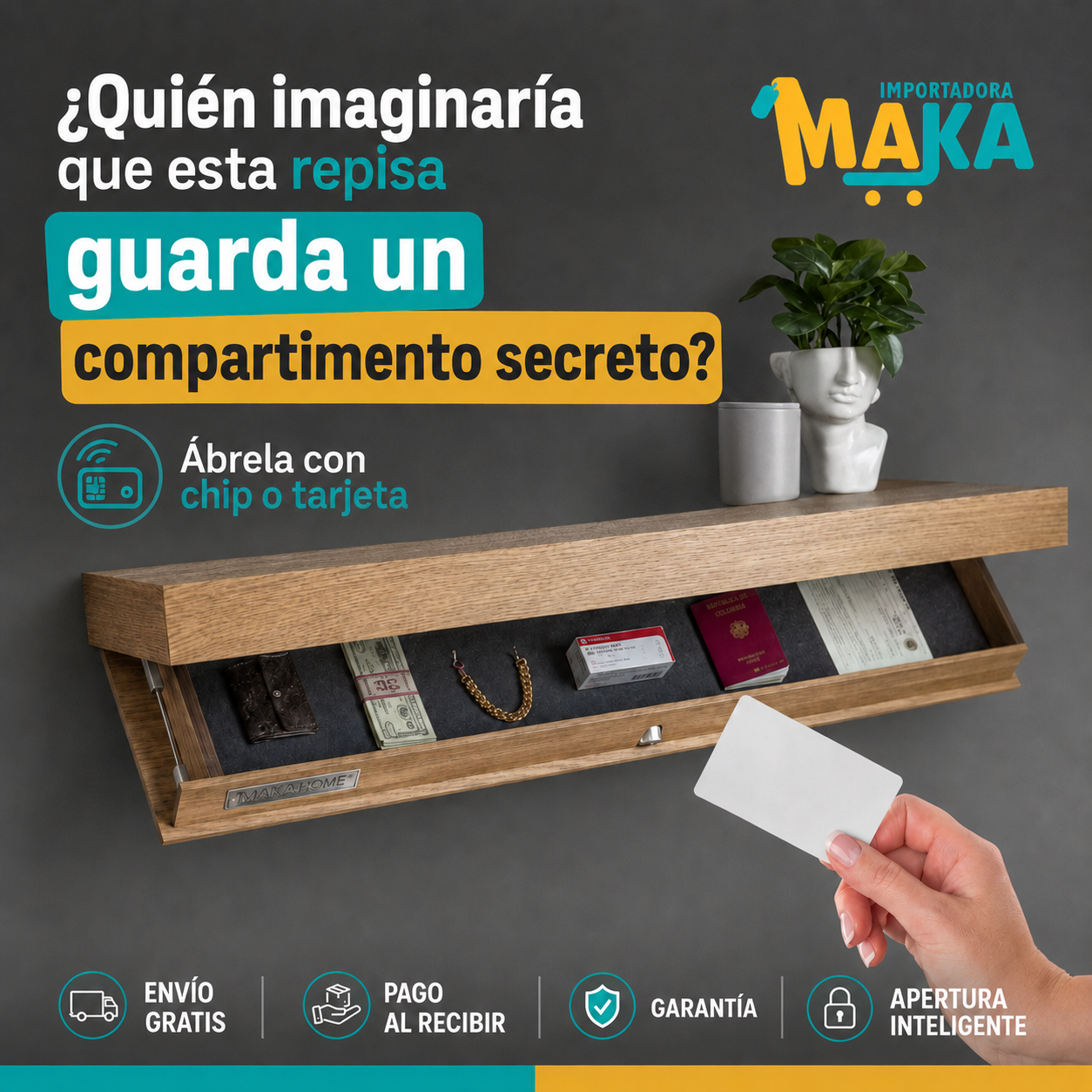 Repisa Flotante Antirrobo con Cajón Oculto y Sistema Electrónico con Tarjeta (50cm X 25cm X8cm)