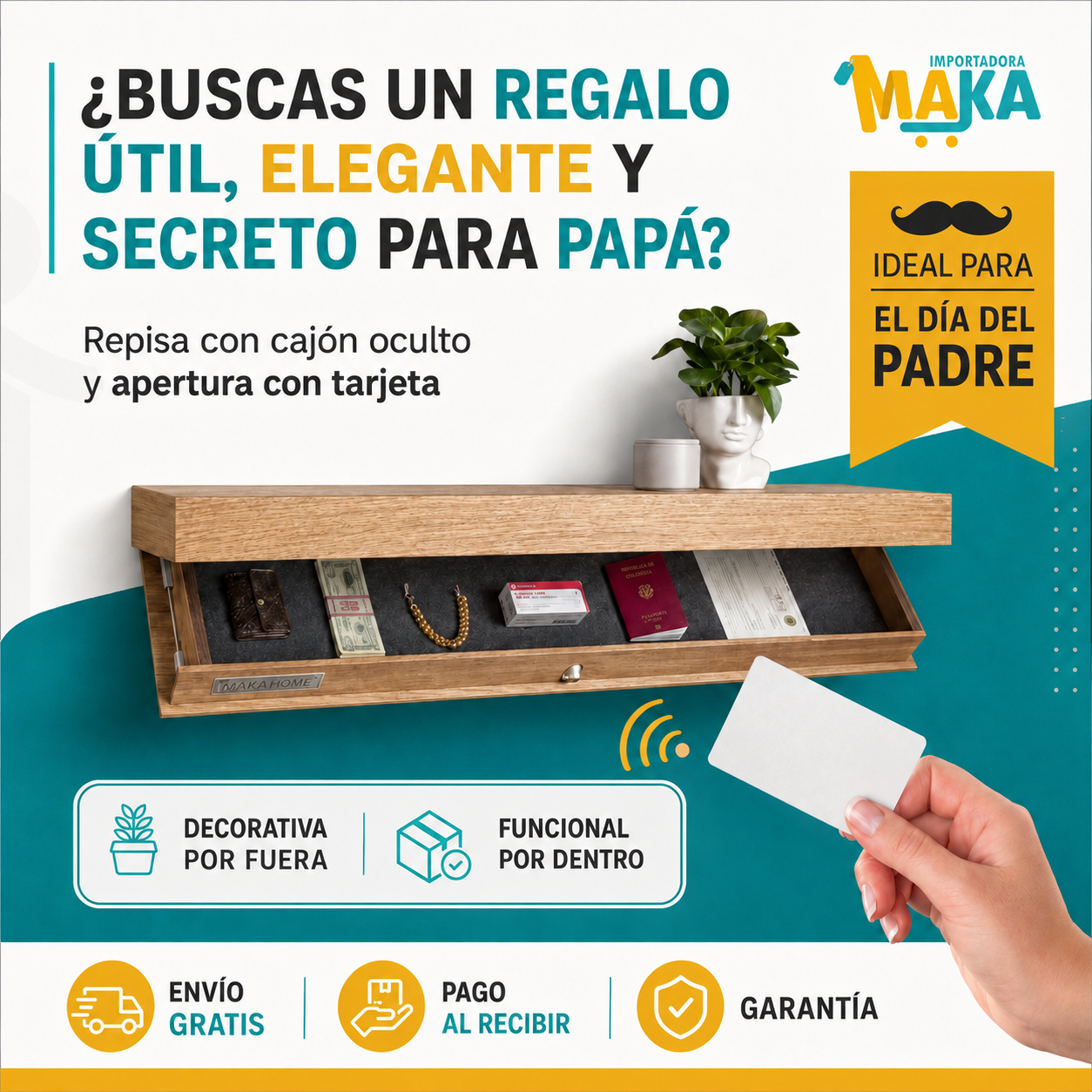 Repisa Flotante Antirrobo con Cajón Oculto y Sistema Electrónico con Tarjeta (50cm X 25cm X8cm)