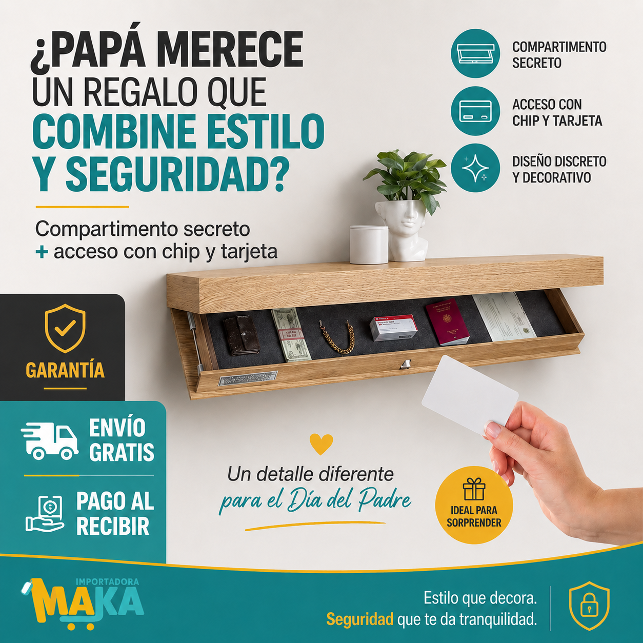 Repisa Flotante Antirrobo con Cajón Oculto y Sistema Electrónico con Tarjeta (50cm X 25cm X8cm)