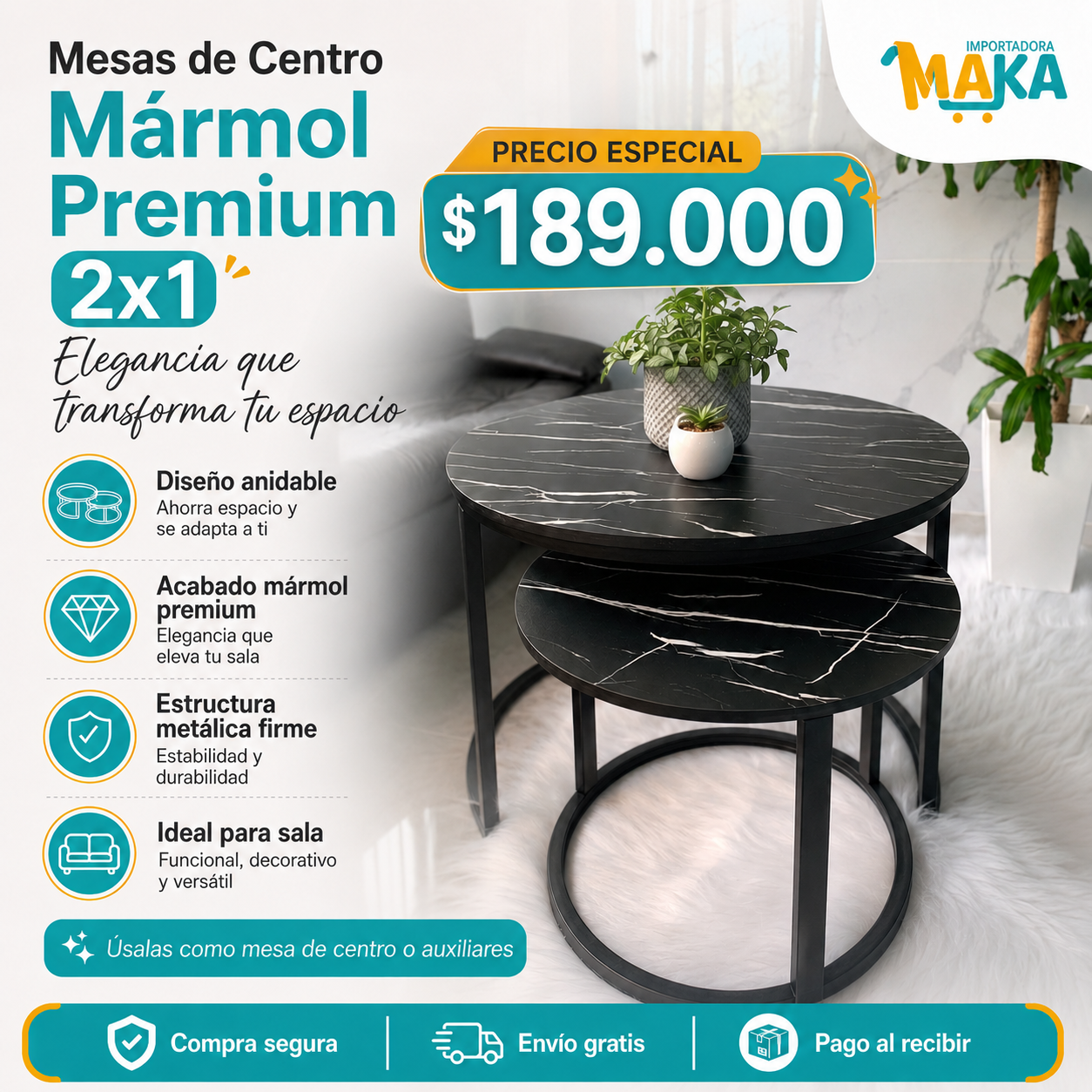 Mesas de Centro Mármol Premium 2x1 (70 Y 50 cm Diametro)