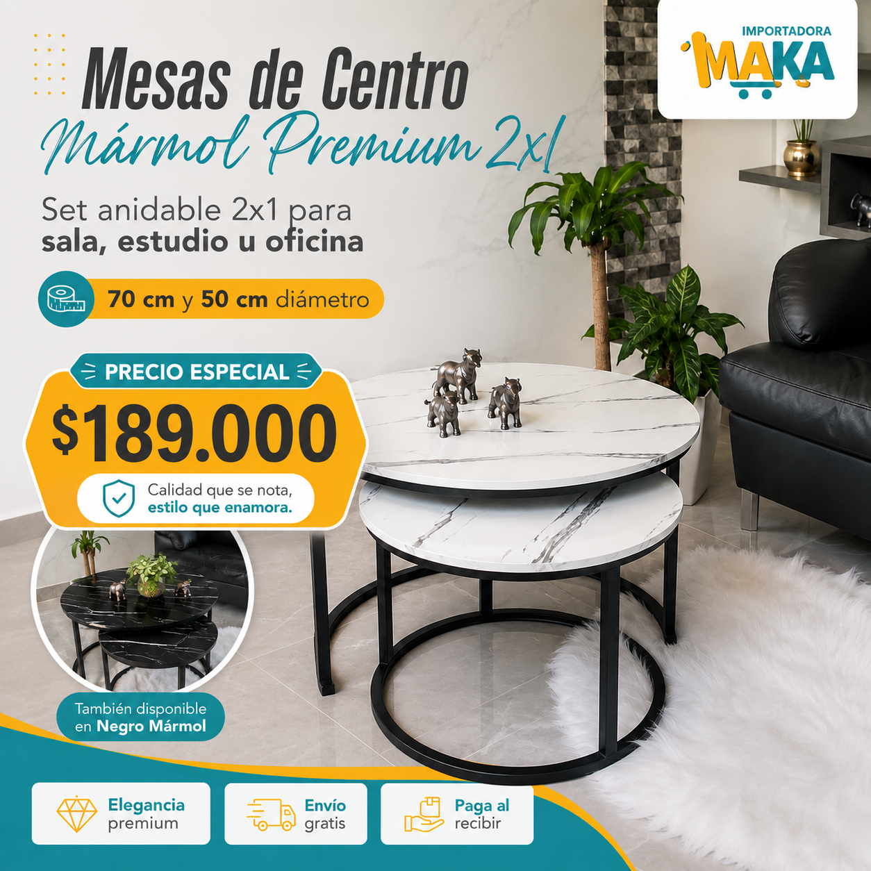 Mesas de Centro Mármol Premium 2x1 (70 Y 50 cm Diametro)