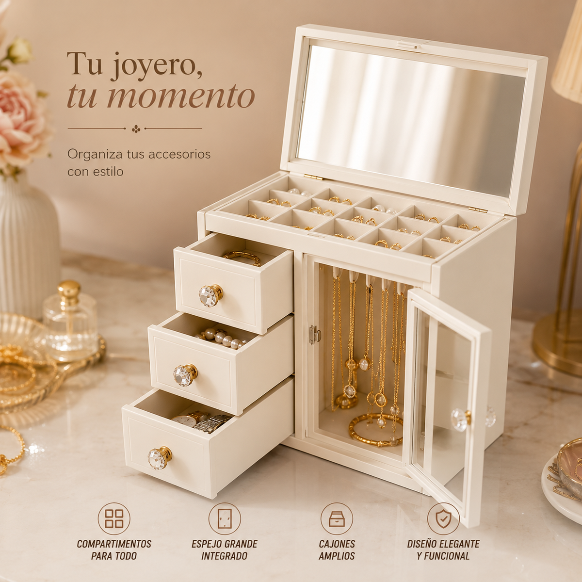 Joyero Europeo Organizador Premium con Espejo, Cajones y Compartimentos TT