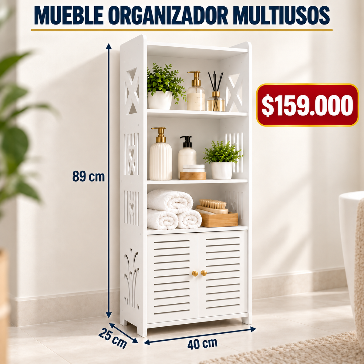 🧺 Organizador Multiusos en Madera PVC 🚪 Puertas y estantes | 💧 Resistente a la humedad | ✨ Fácil de limpiar | 📏 Compacto y funcional TT